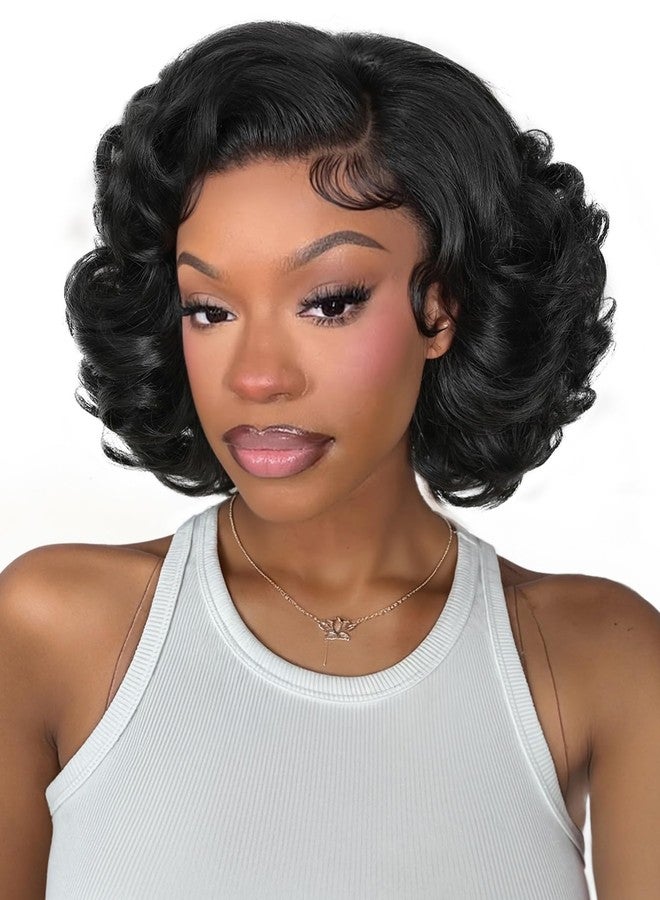 HANNE T Lace Short Curly Wigs for Black Women 13 * 4 * 1 Pre Cut Curly Synthetic Lace Wig 9 Inch Short Curly Wigs (Natural Black) - Image 1
